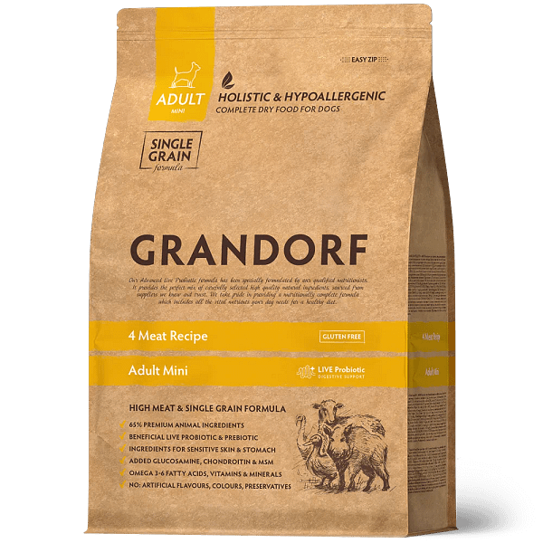 GD-Dog-4-Meat-Mini-breed 1 kg. Grandorf 4 erineva lihaga gluteenivaba täissööt väikest kasvu täiskasvanud koertele (lamba-, kalkuni-, pardi- & metssealihaga)