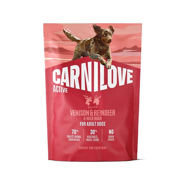 8595602581184.jpg 1,5 kg. Carnilove Active teravilja-ja kartulivaba täissööt täiskasvanud koertele hirve-, põhjapõdra & metssealihaga