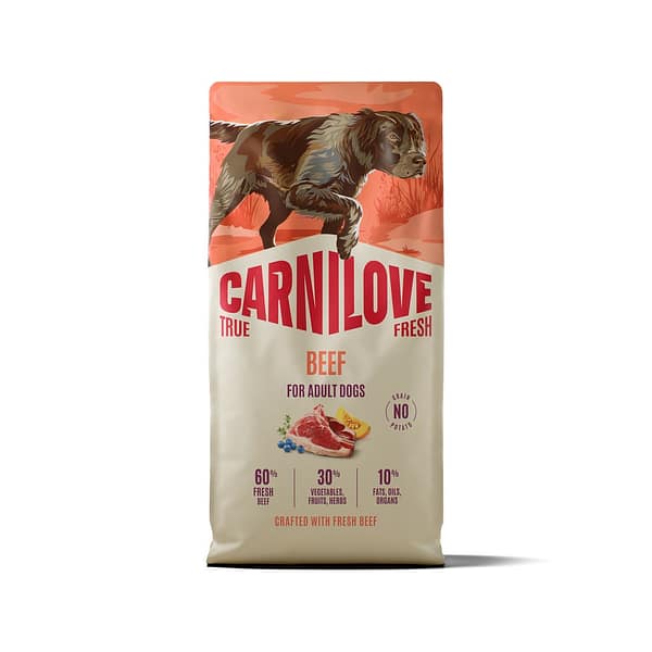 8595602581801.jpg 12 kg. Carnilove True Fresh teravilja-ja kartulivaba täissööt igas suuruses täiskasvanud koertele värske veiselihaga