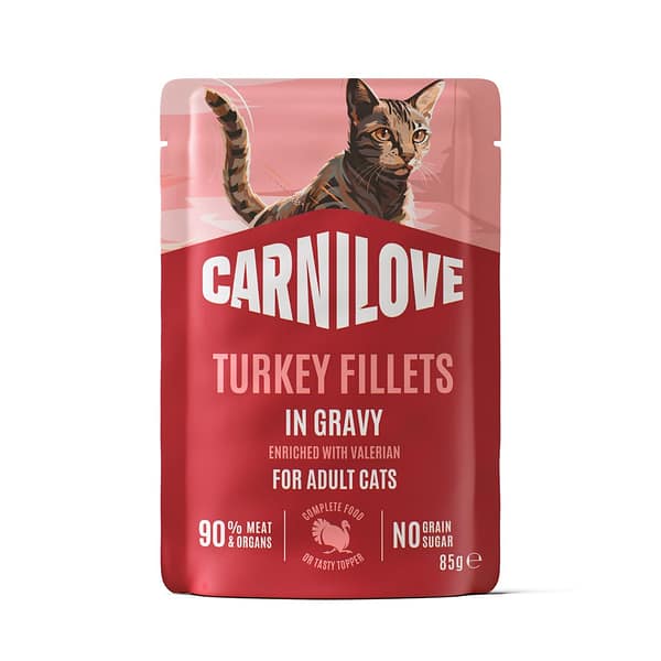 85 gr. Carnilove Turkey Gravy with Valerian teraviljavaba märgtoit täiskasvanud kassidele kalkuniliha & palderjaniga