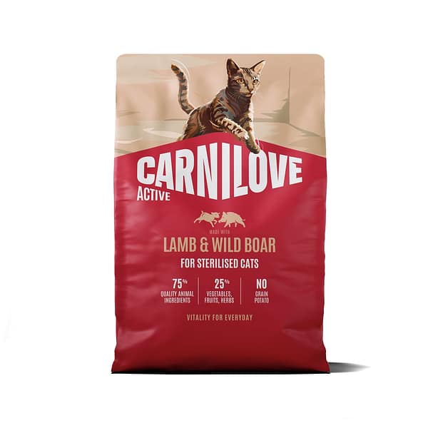 2 kg. Carnilove Active teravilja-ja kartulivaba täissööt steriliseeritud/kastreeritud kassidele lamba-& metssealihaga