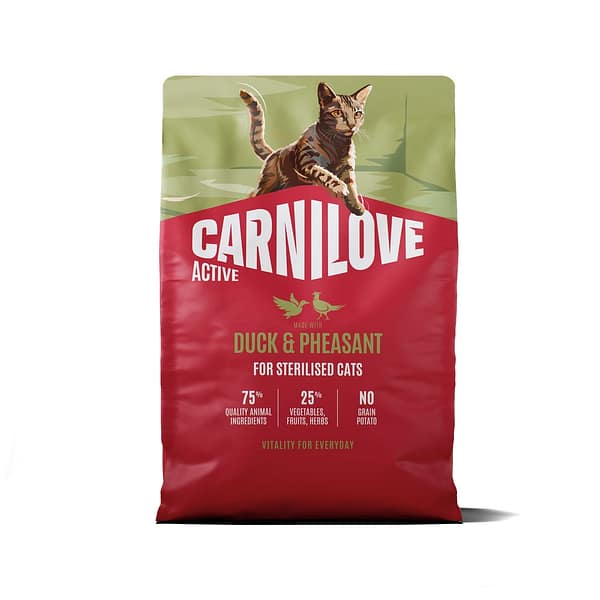 2 kg. Carnilove Active teravilja-ja kartulivaba täissööt aktiivsetele steriliseeritud/kastreeritud täiskasvanud kassidele pardi-& faasanilihaga