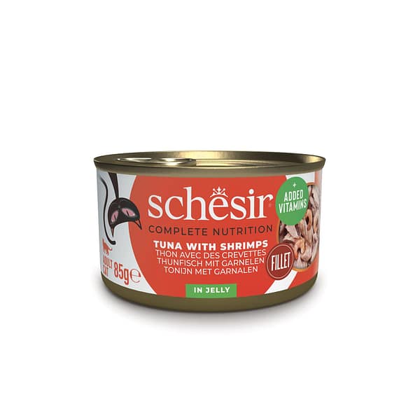 Schesir Complete Nutrition konservsööt täiskasvanud kassidele tuunikala & krevetid tarretises 85 gr.
