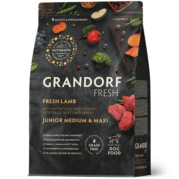 GF-Dog-Junior-Medium-Maxi 10 kg. Grandorf Fresh teraviljavaba täissööt juuniorkoertele värske lambaliha & bataadiga