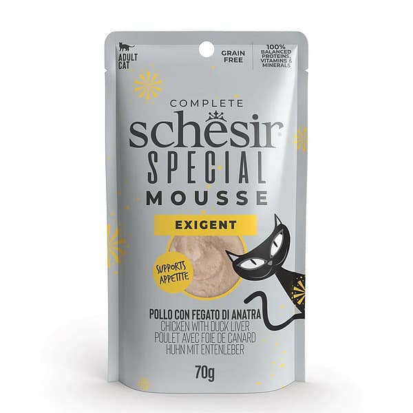 Schesir Special Exigent teraviljavaba konservsööt vahuna toidu suhtes pirtsakatele täiskasvanud kassidele kanaliha, pardi maksa & munaga 70 gr.