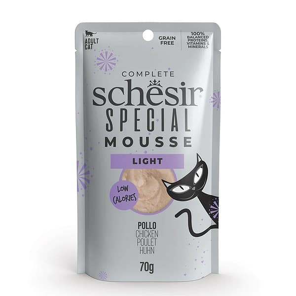 Schesir Special Light teraviljavaba konservsööt vahuna kaaluprobleemidega täiskasvanud kassidele kana-& kalkuniliha & kõrvitsaga 70 gr.