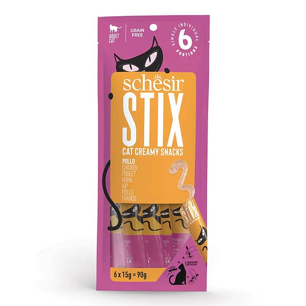 Teraviljavaba maius vahuna täiskasvanud kassidele Schesir STIX kanalihaga 6 x 15 gr.