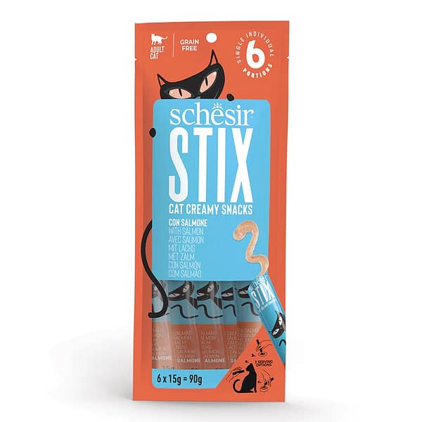 Teraviljavaba maius vahuna täiskasvanud kassidele Schesir STIX lõhega 6 x 15 gr.