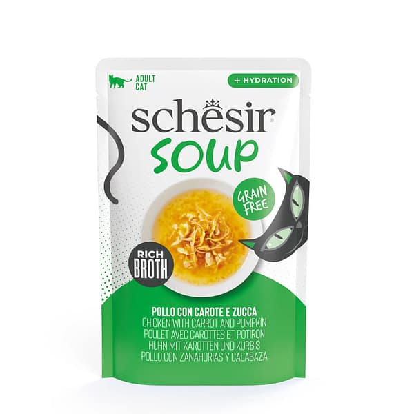 Schesir Soup teraviljavaba märgsööt supina täiskasvanud kassidele kanaliha, porgandi & kõrvitsaga 40 gr. kassikonserv