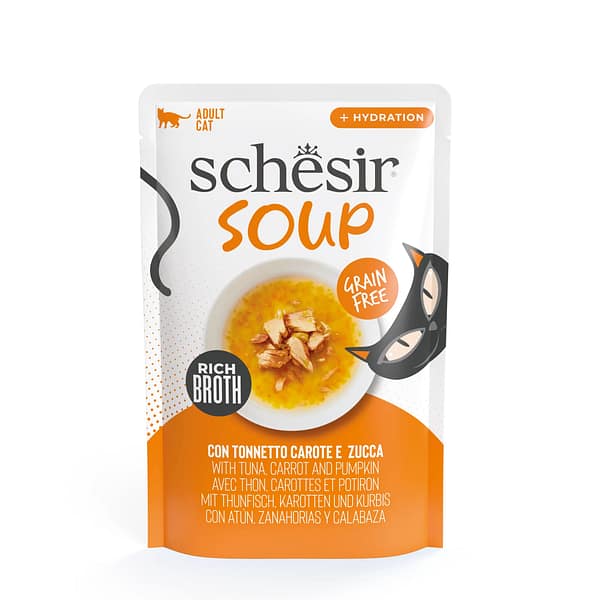 L-01116.jpg Schesir Soup teraviljavaba märgtoit supina täiskasvanud kassidele tuunikala, porgandi & kõrvitsaga 40 gr.