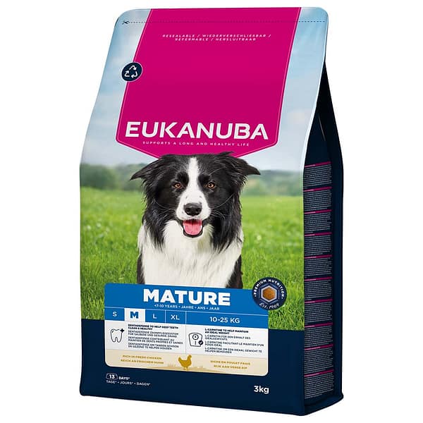 L-01237.jpg 3 kg. Eukanuba Mature M täissööt keskmist kasvu eakatele koertele kana-ja kalkunilihaga