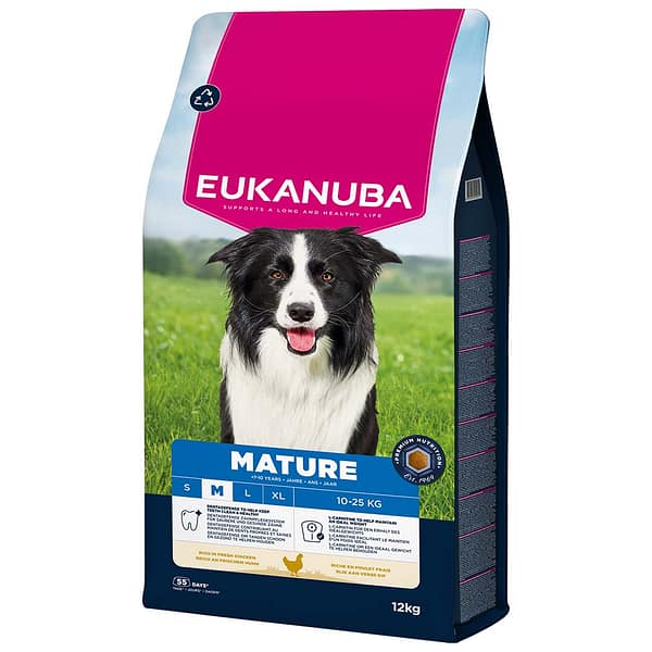 12 kg. Eukanuba Mature M täissööt keskmist kasvu eakatele koertele kana-ja kalkunilihaga