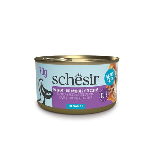 Schesir teraviljavaba märgtoit täiskasvanud kassidele makrellid ja sardiinid koos kalmaaridega kastmes 70 gr.