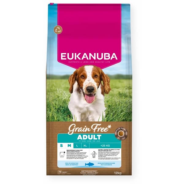 12 kg. Eukanuba Adult S-M teraviljavaba täissööt väikest-ja keskmist kasvu täiskasvanud koertele ookeanikalaga