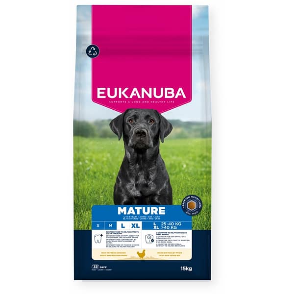 15 kg. Eukanuba Mature L-XL täissööt suurt kasvu vanemaealistele koertele kanalihaga