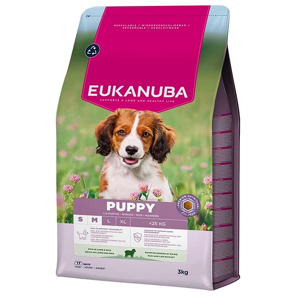 3 kg. Eukanuba Puppy S-M täissööt väikest-ja keskmist kasvu kutsikatele lambaliha & riisiga