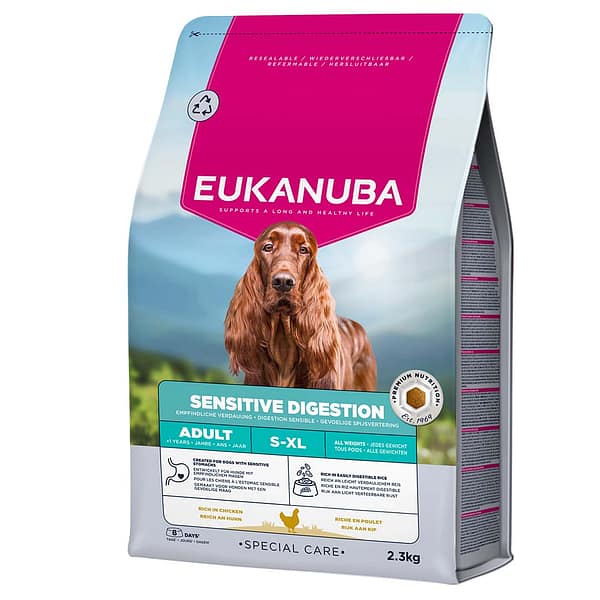 2.3 kg. Eukanuba Sensitive Digestion S-XL täissööt igas suuruses tundliku seedimisega täiskasvanud koertele  kana-& kalkunilihaga