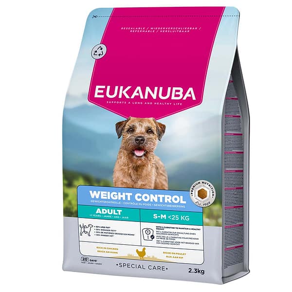 L-01636.jpg 2,3 kg. Eukanuba Adult S-M Weight Control täissööt kaaluprobleemidega väikest-ja keskmist kasvu täiskasvanud koertele kana-& kalkunilihaga