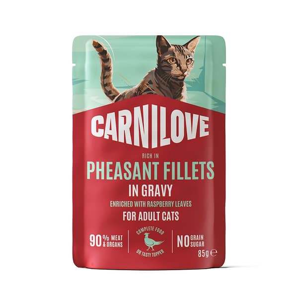 8595602584666.jpg 85 gr. Carnilove Pheasant Gravy with Raspberry Leaves teravilja-ja kartulivaba märgtoit kastmes täiskasvanud kassidele faasaniliha & vaarikalehtedega