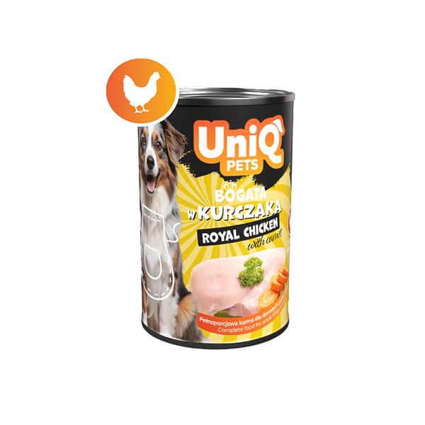 5903843431725.jpg 375 gr. UniQ Pets Royal Chicken teraviljavaba monoproteiiniga/kana konservsööt täiskasvanud koertele