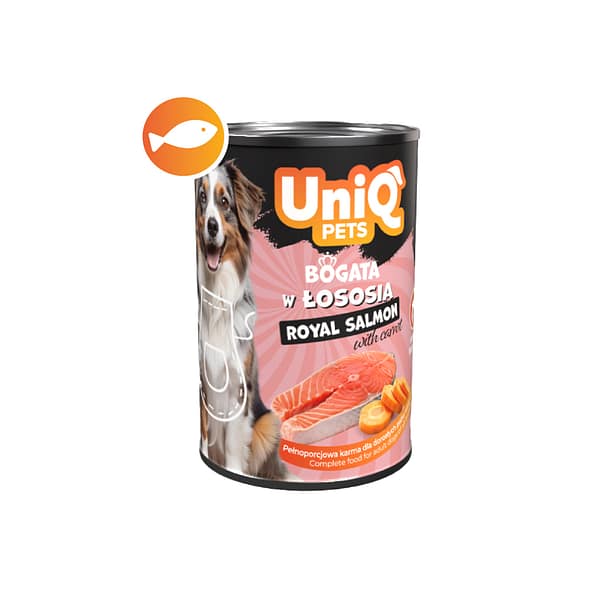 5903843431800.jpg 375 gr. UniQ Pets Royal Salmon teraviljavaba monoproteiiniga/lõhega konservsööt täiskasvanud koertele