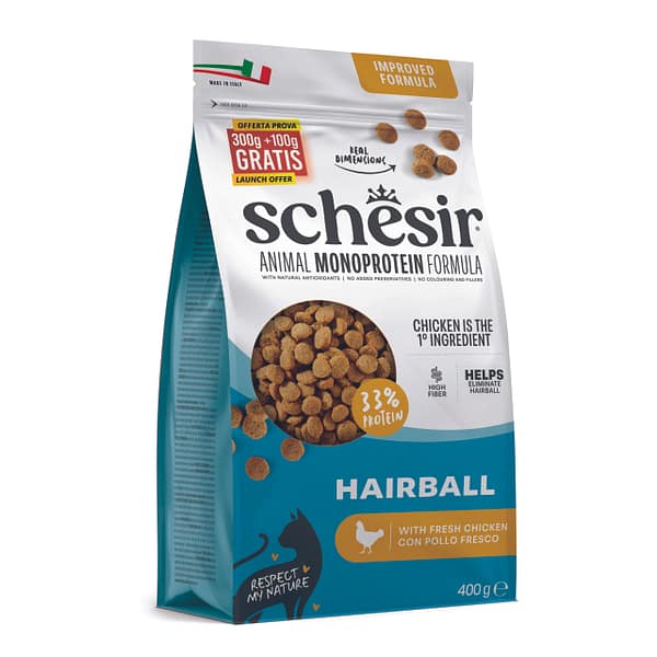 400 gr. Schesir Animal Monoprotein karvapalle väljutav täissööt täiskasvanud kassidele kanalihaga