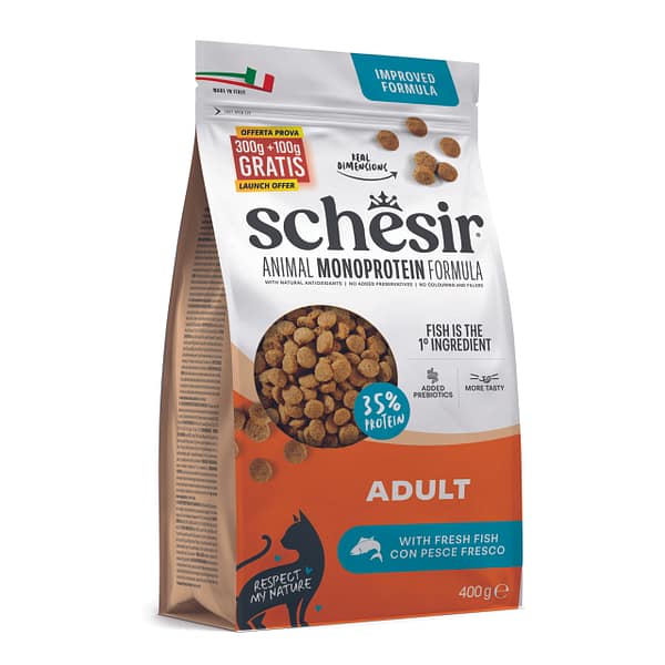 Exclusive Mockups for Branding and Packaging Design 400 gr. Schesir Animal Monoprotein täissööt täiskasvanud kassidele kalaga