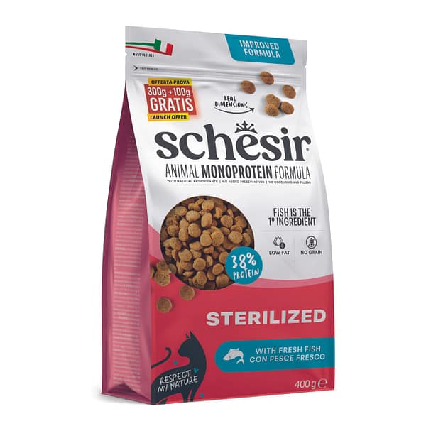 Exclusive Mockups for Branding and Packaging Design 400 gr. Schesir Animal Monoprotein Sterilized täissööt steriliseeritud/kastreeritud kassidele kalaga