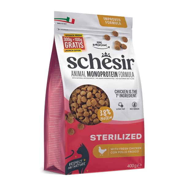 400 gr. Schesir Animal Monoprotein Sterilized täissööt steriliseeritud/kastreeritud kassidele kanalihaga