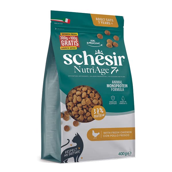 400 gr. Schesir Animal Monoprotein NutriAge 7+ täissööt üle 7 aastastele kassidele kanalihaga