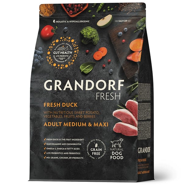 grandorf_fresh_duck_meat_sweet_potato_medium_maxi_breeds 10 kg. Grandorf Fresh teraviljavaba täissööt keskmist ja suurt kasvu täiskasvanud koertele värske pardiliha & bataadiga