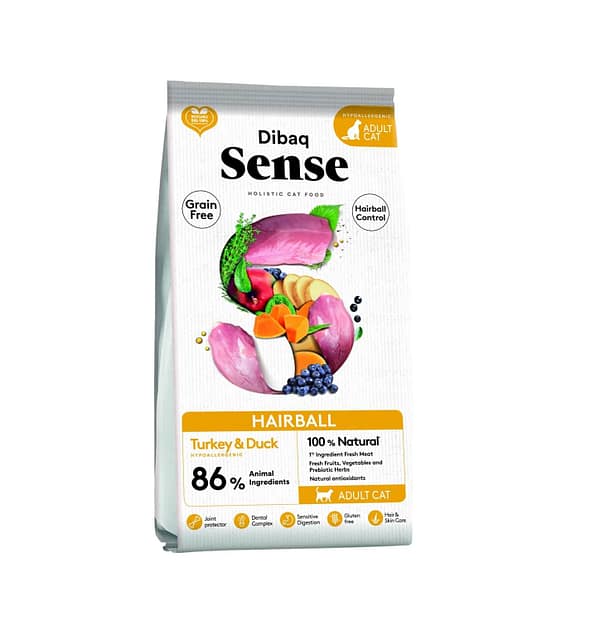 sensehairball 1,5 kg. Dibaq Sense teraviljavaba karvapallide teket vältida aitav täissööt täiskasvanud kassidele kalkuni-ja pardilihaga