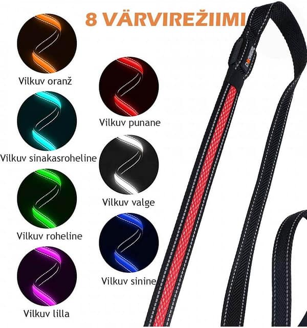 led-valgusega-tekstiilist-jalutusrihm-koerale-must4 LED-valgusega mustast tekstiilist jalutusrihm, 8 valgusrežiimi