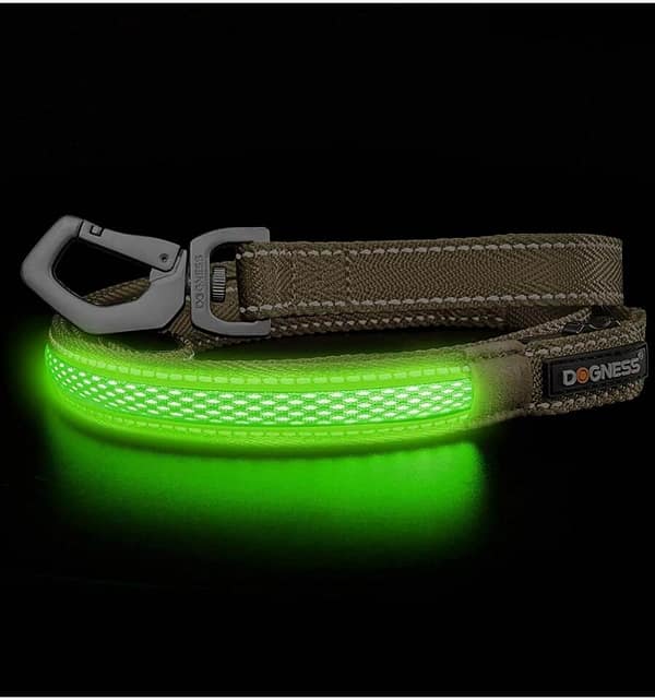 LED-valgusega pruunist tekstiilist jalutusrihm, 8 valgusrežiimi