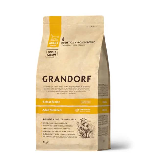 grandorf-4meat-2 2 kg. Grandorf Cat nelja lihaga täissööt steriliseeritud/kastreeritud kassidele