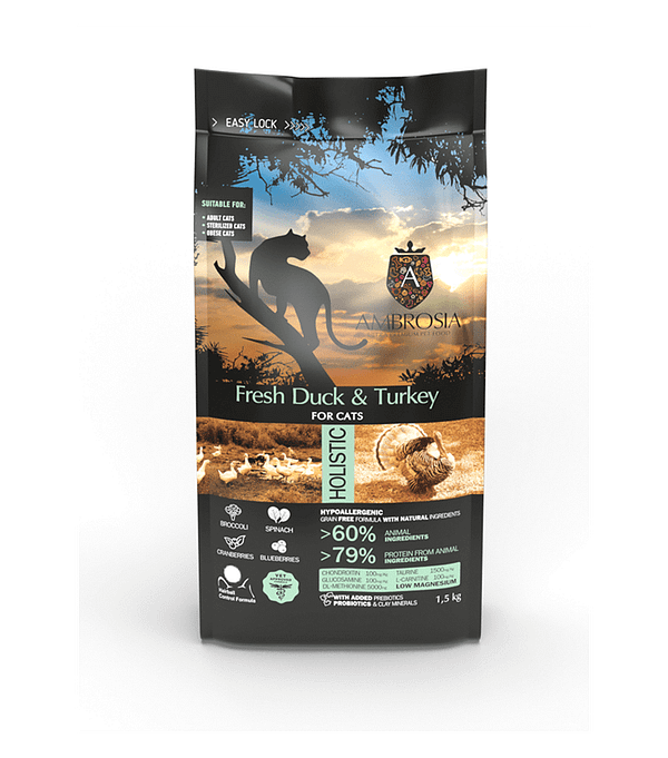 1,5 kg. Ambrosia teraviljavaba täissööt steriliseeritud/kastreeritud täiskasvanud kassidele värske pardi- ja kalkunilihaga