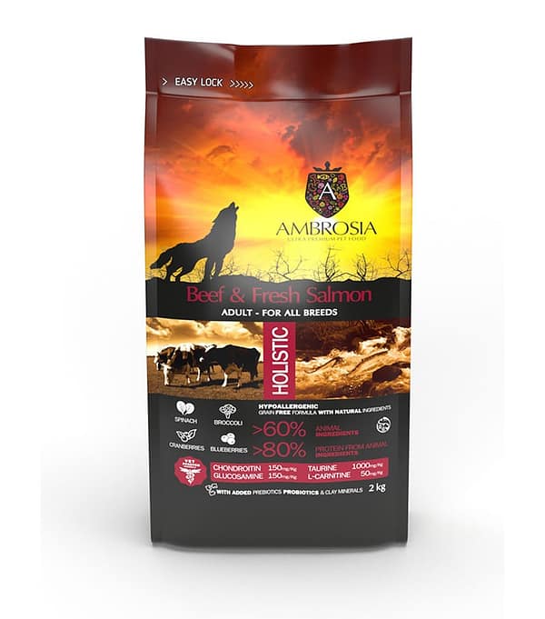 Ambrosia-Adult-All-Breeds-Beef-Fresh-Salmon-2-kg-1 2 kg. Ambrosia teraviljavaba täissööt igas suuruses täiskasvanud koertele veiseliha ja värske lõhega