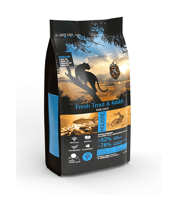 ambrosia-gf-sterilized-cat-fresh-trout-rabbit-1-5kg-1 1,5 kg. Ambrosia teraviljavaba täissööt täiskasvanud steriliseeritud/kastreeritud tubastele kassidele värske forelli ja küülikulihaga