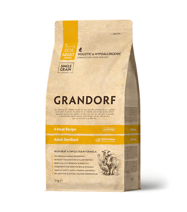 8 kg. Grandorf Cat 4 Lihaga täissööt steriliseeritud/kastreeritud täiskasvanud ja eakatele kassidele kalkuni-, pardi-, lamba- & metssealihaga