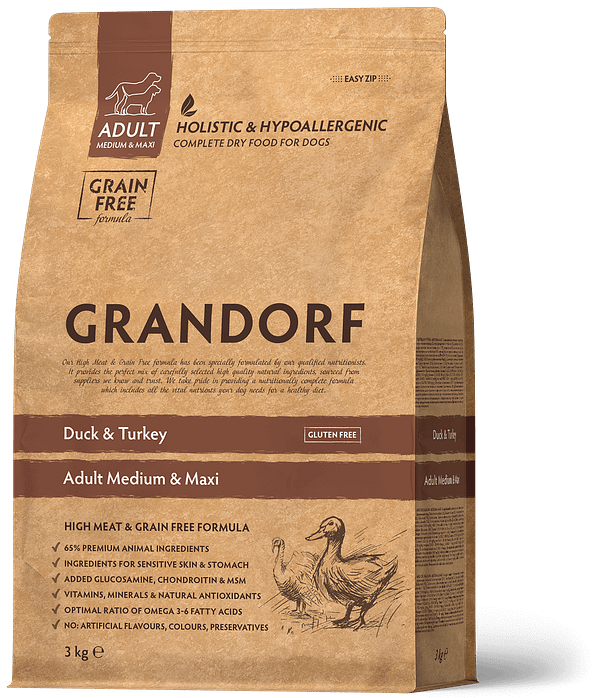 GD duck 3 kg. Grandorf täissööt kaskmist-ja suurt kasvu täiskasvanud koertele pardi-, kalkuniliha ja bataadiga