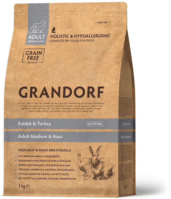 GD rabbit 3 kg. Grandorf täissööt keskmist-ja suurt kasvu täiskasvanud koertele jänese-, kalkuniliha ja bataadiga