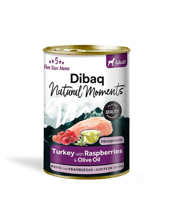 380 gr. Dibaq Natural Moments 5 Star teraviljavaba konservsööt igas suuruses täiskasvanud koertele kalkuniliha & vaarikatega