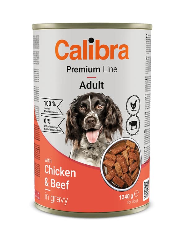 1,24 kg. Calibra Premium konservsööt täiskasvanud koertele kana-& veiselihaga kastmes