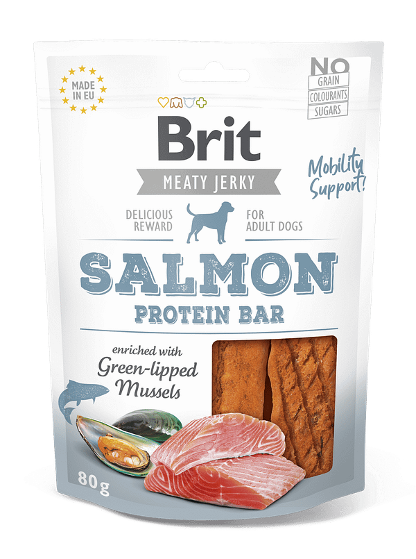 7503_6083c232bc2be7.62117716_3D_PROTEIN-BAR_SALMON-with-green-lipped-mussels_80g.png Brit Jerky Salmon Protein Bar Snack teraviljavaba närimismaius koertele 80g