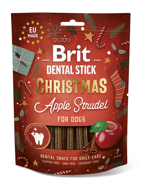 8595602573530.jpg Brit Dental Stick Christmas gluteenivabad närimispulgad koertele õunte ja kaneeliga, pakendis 7 tk. ( 250 gr.)
