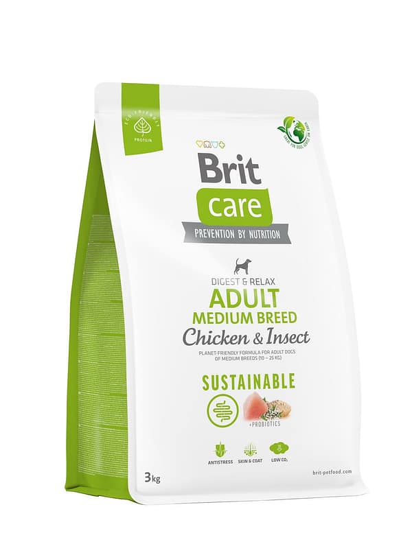 8595602558698.jpg 3 kg. Brit Care Sustainable gluteenivaba täissööt keskmist kasvu täiskasvanud koertele putukavalgu ja kanalihaga