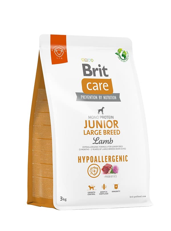 3 kg. Brit Care Hypoallergenic Junior täissööt suurt kasvu juuniorkoertele lambalihaga
