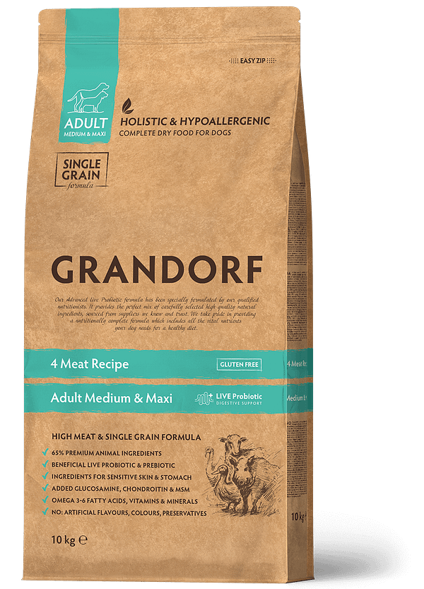 GD 4 meat 10 kg. Grandorf täissööt keskmist-ja suurt kasvu täiskasvanud koertele 4 erineva valge lihaga