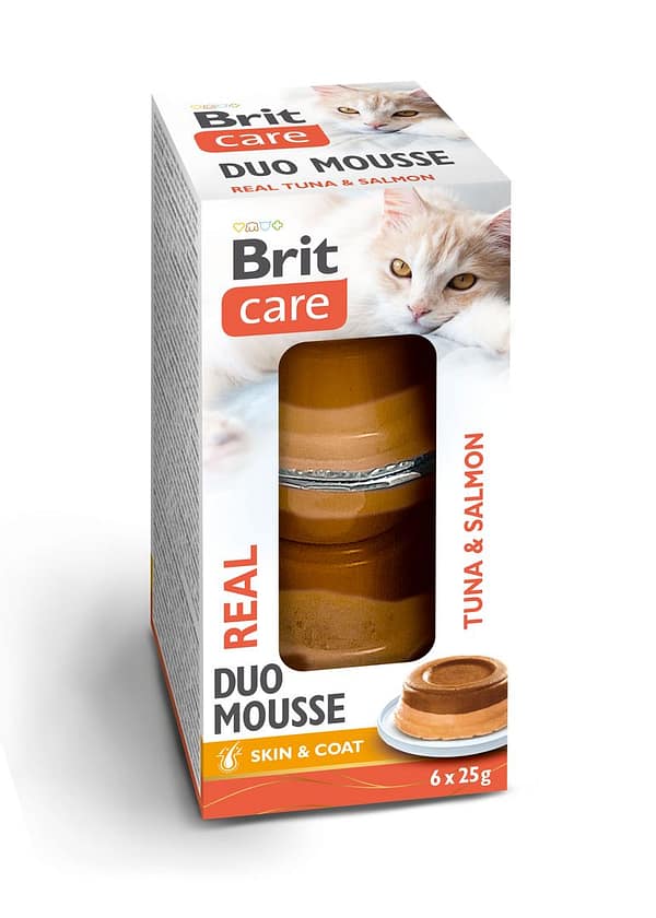 6 x 25 gr. Brit Care Double Mousse skin & coat kahekihiline märgtoit õhulise pasteedina kassidele tuunikala & lõhega