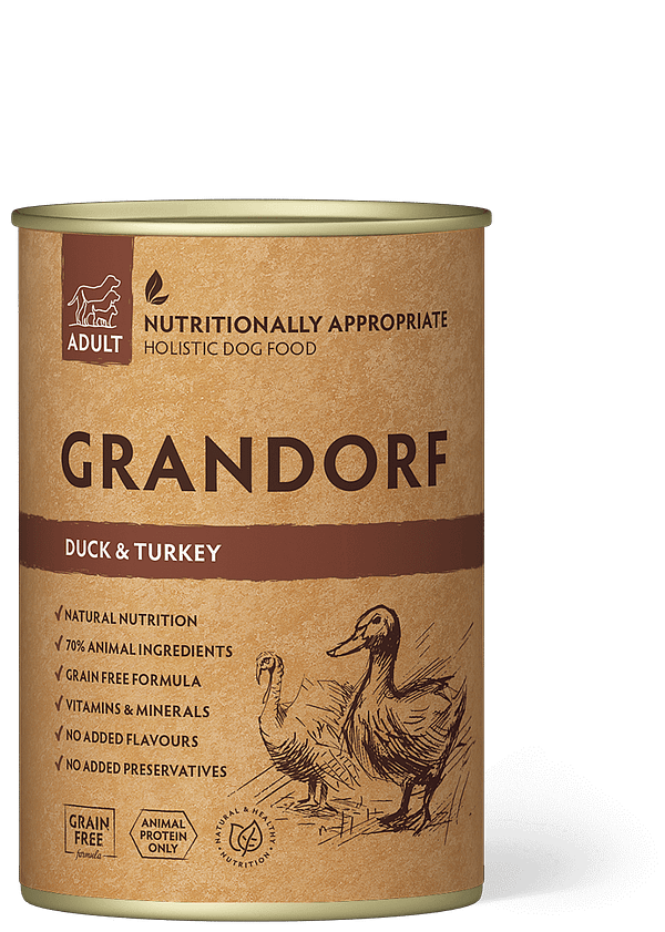 400 gr. Grandorf teraviljavaba konservsööt täiskasvanud koertele pardi-ja kalkunilihast